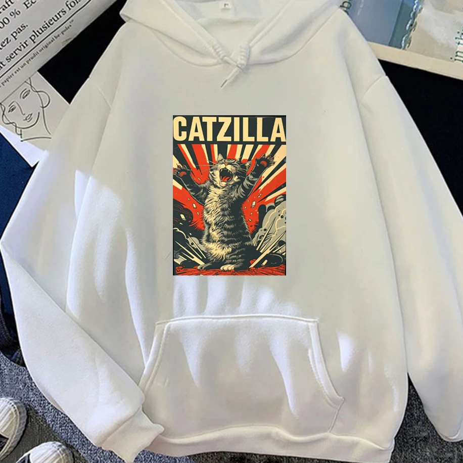 

Angry Cat Print Unisex Hoodie Vintage Catzilla Graphic Men Women Top Funny Personality Loose Casual Hip-hop Couple Sweatshirt