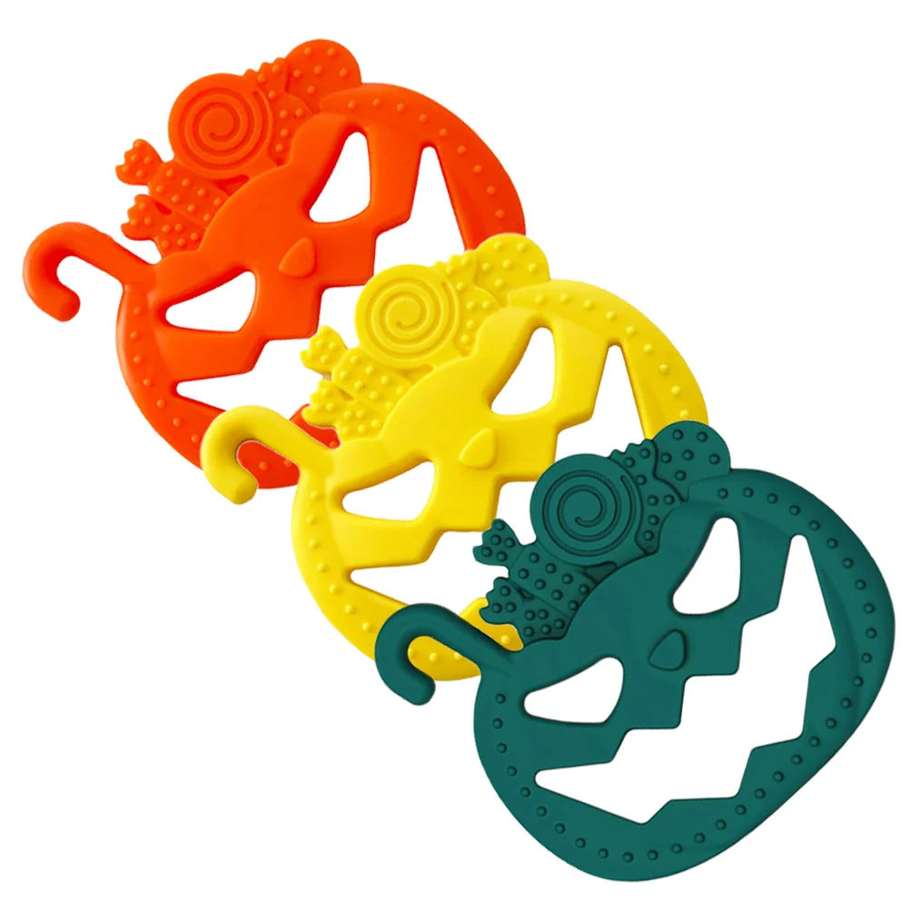 

3 Pumpkin Monster Silicone Teether Baby Sensory Ring Chewable Toy Infant Teething Relief Mixed Colors Soft Texture