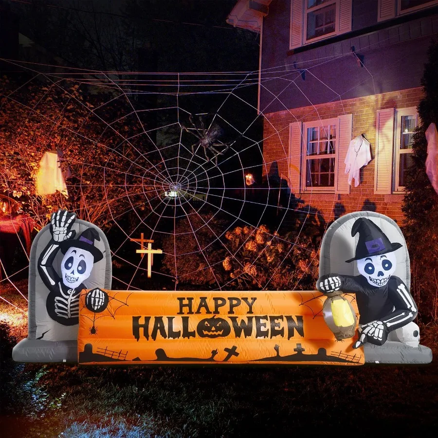 Decoraciones inflables grandes de Halloween de 10 pies, pancarta de lápida de esqueleto con luces LED integradas para jardín de fiestas navideñas al aire libre