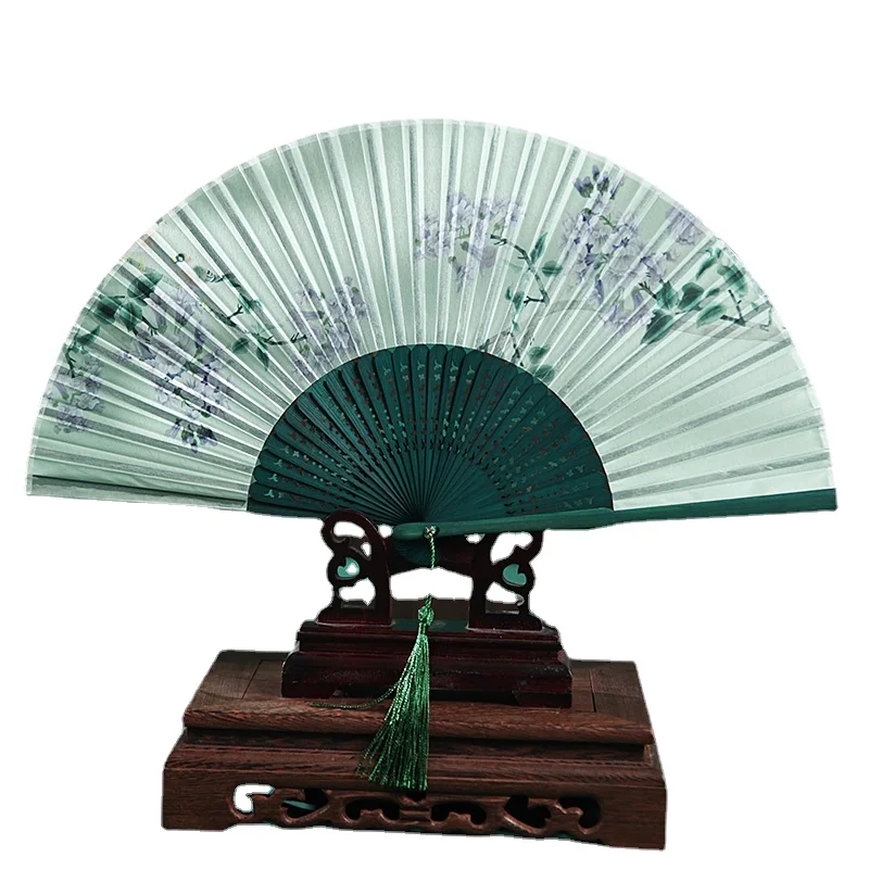 

Chinese Style Han Costume Folding Fan Costume Women's Small Fan Suzhou Retro Style Printed Tassel Green Lingjuan Bamboo Fan