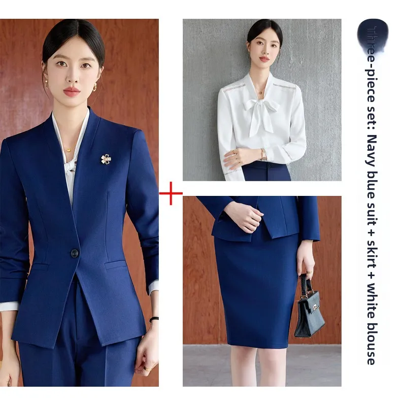 Navy blue suit + skirt + shirt