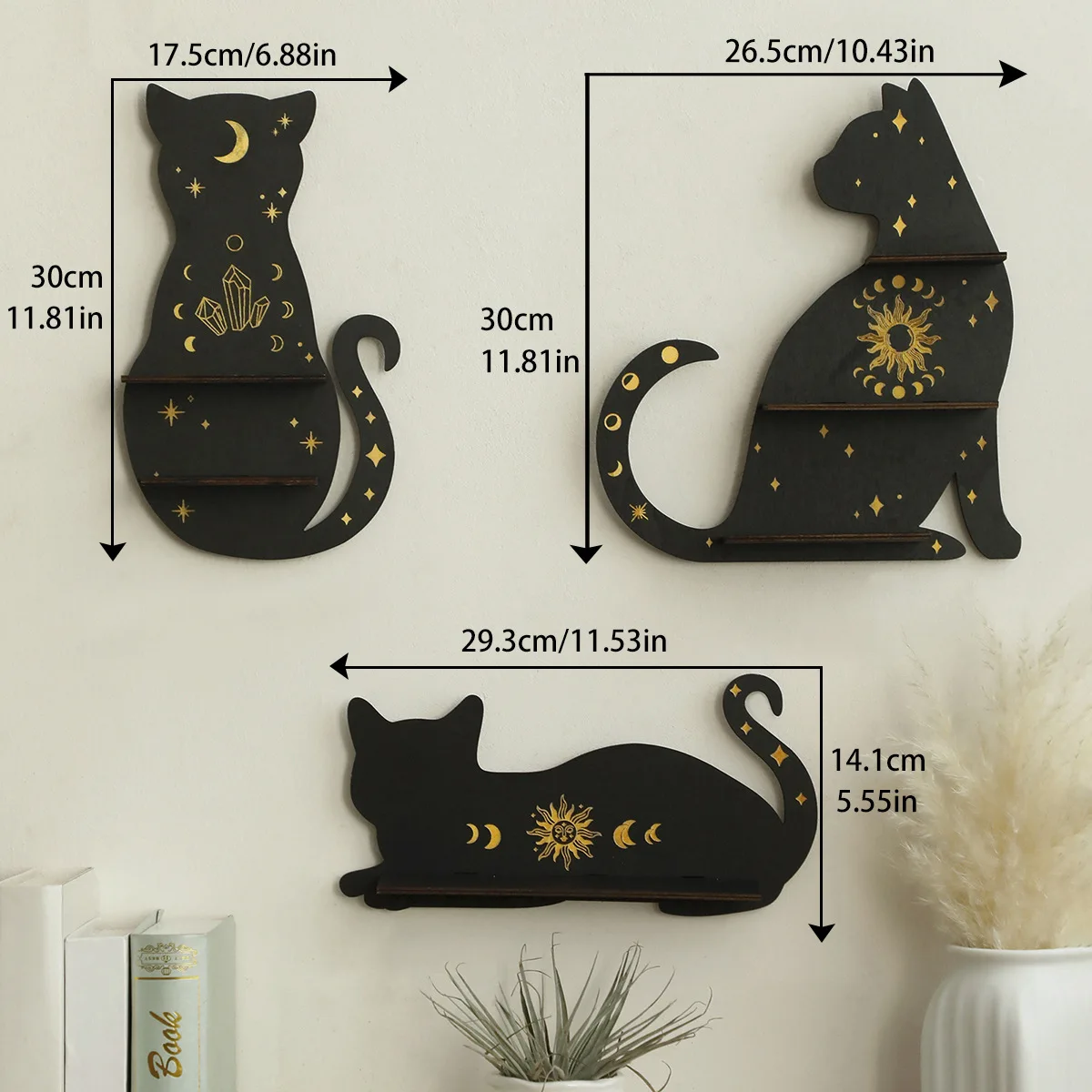 BLACK CAT　壁飾り棚 Black Cat Wooden Shelf Moon Phase Floating Shelf Chakra Crystal