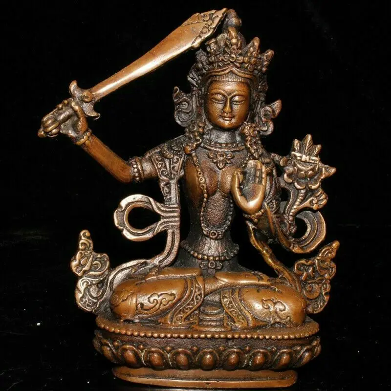 Fashion Exquisite Old Chinese Red Copper Handmade Manjusri Buddha Statue Iving Room Decoration Home Gift