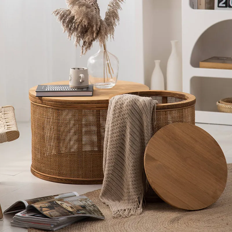 Japanese Round Coffee Table Living Room Rattan Woven Side Table Clamshell Storage Room Desks Multi-functional Home Furniture