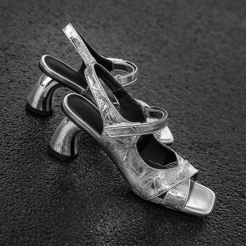 

Cross Strap Open Toe High Heels Thick Heels Sexy Straight Strap Sandals Women's Fashion Summer New Item Made of Genuine Leather
