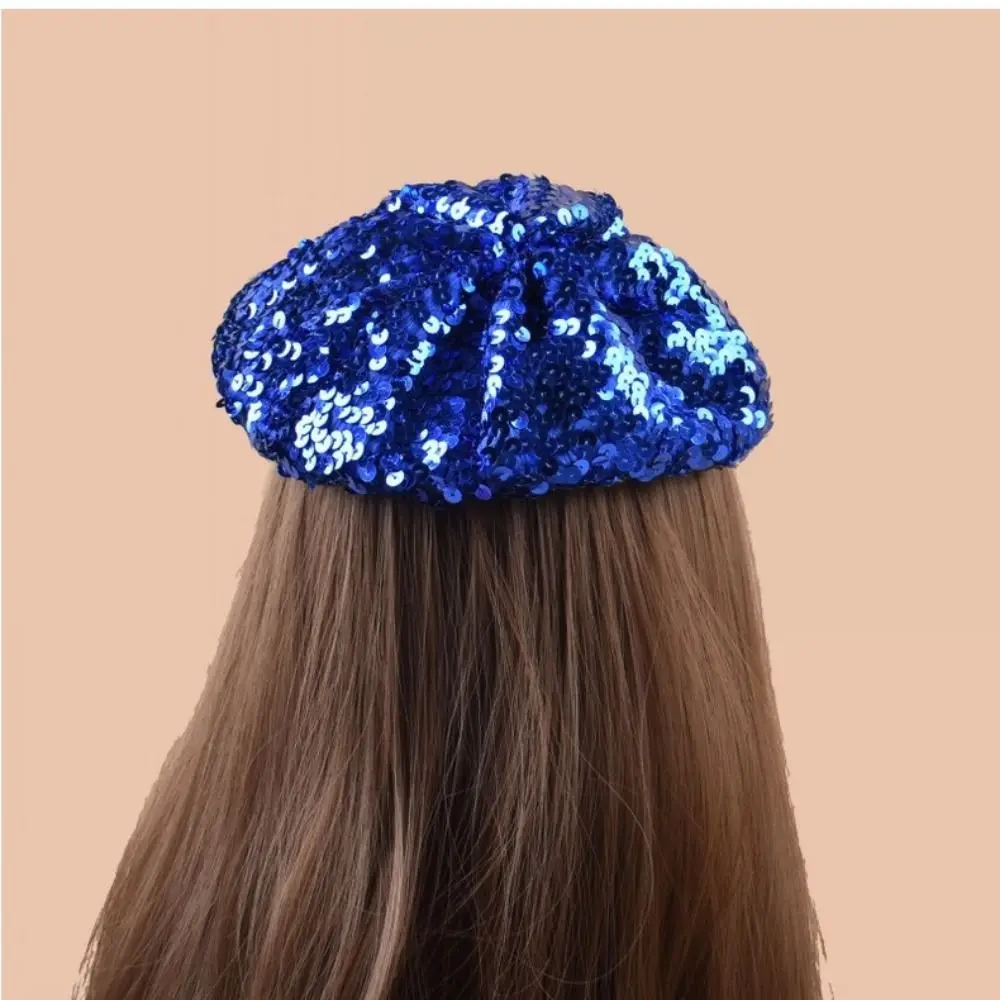Trendy Chic Glitter Beanie Cap Retro Sparkling Women's Sequin Beret Octagonal Shape Solid Color Shiny Painter Hat Daily Wear