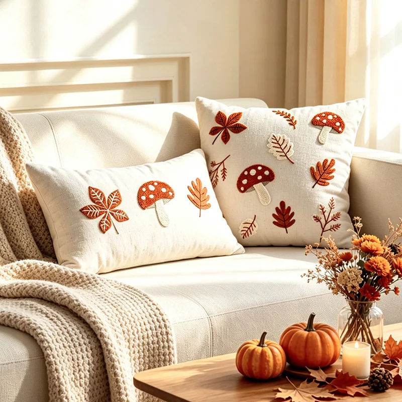 Embroidery Autumn Pillow Cover Canvas Mushroom Leaves Pumpkin Pattern Hidden Zipper  Sizes 45x45 30x50 Boho Farmhouse Decor