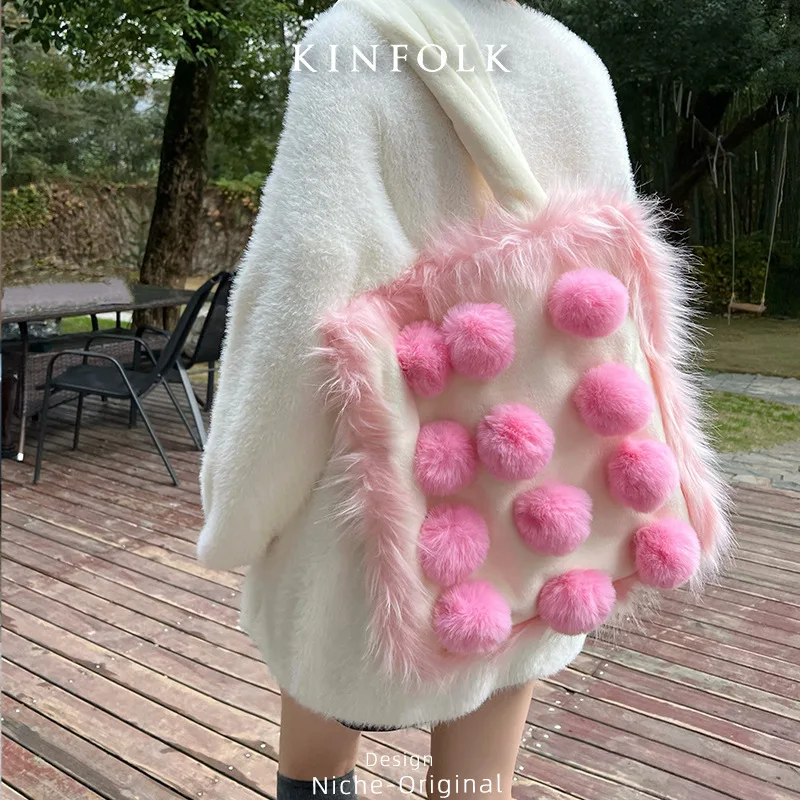 

FIRMRANCH Autumn/Winter Lightweight Soft Plush Large Capacity Sweet Cute Color-blocked Faux Fur Tote for Women Shoulder bag