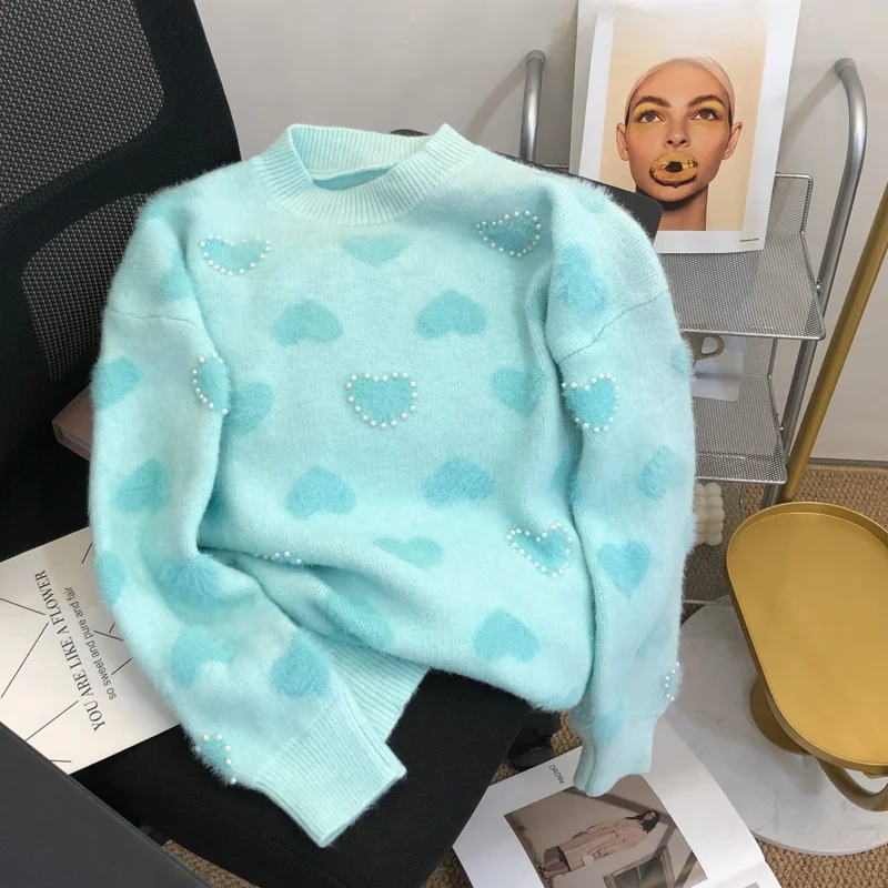 Sweater Rajut Pink Wanita Lembut Nyaman Santai Retro Manis Longgar Motif Hati Kamera Musim Gugur Musim Dingin Fashion Bulat Leher...