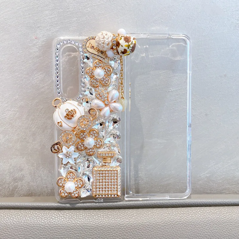 Rhinestone 3D Pumpkin Carriage Perfume Bottle Phone Case For Samsung Galaxy Z Fold 6 5 4 3 2 Crystal Love Heart Flowers PC Cover