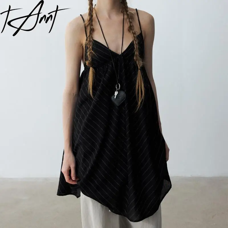 

Tannt Women Dress Sleeveless V-neck Fashion Sexy Stripe Dresses For Women 2025 New Vintage Black Yellow Casual Summer Dresses