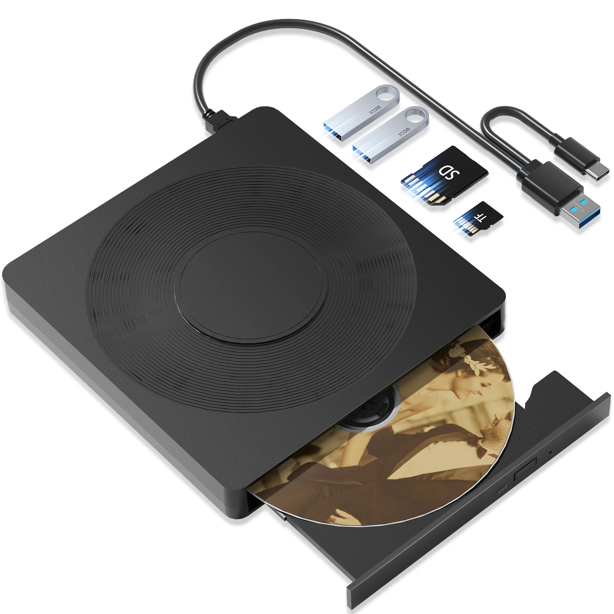 

5 in 1 External CD/DVD Drive USB 3.0 Type-C DVD CD Disc Player Writer Reader Burner with SD/TF Card Slot USB Ports for Laptop PC