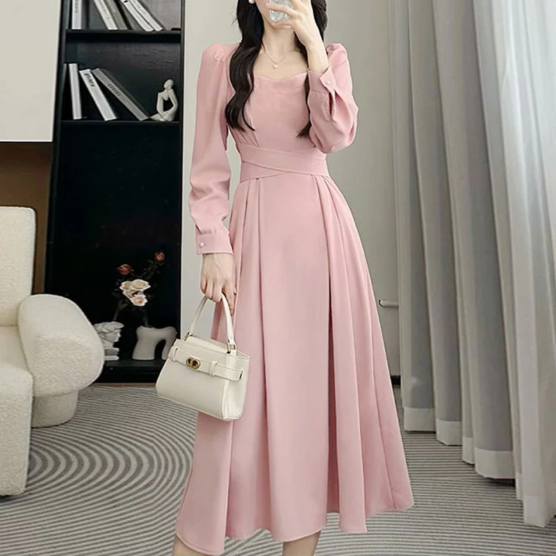 

Spring Autumn Solid Color Square Collar Long Sleeve Midi Dress Women High Street Button Patchwork Dresses Elegant Vintage Robe