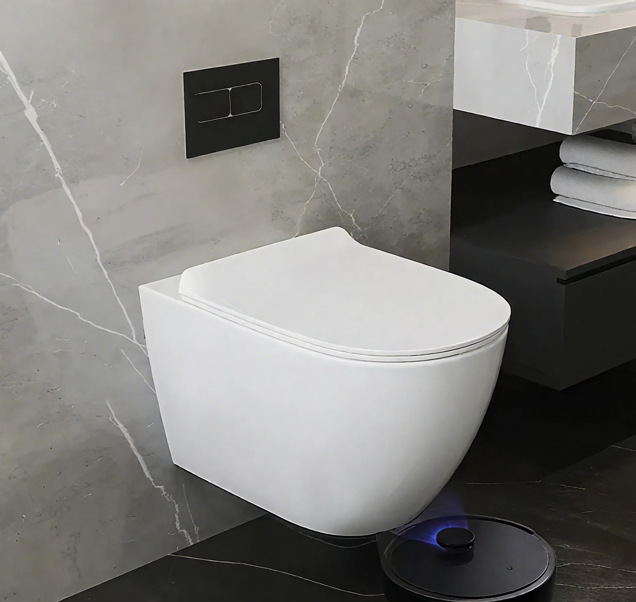 مرحاض معلق على الحائط بتصميم حديث مع خزان مخفي ووعاء دائري ومراحيض معلقة عملية