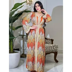 Eid marocco muzułmańska imprezowa sukienka abaja damska 2-częściowy zestaw islamskich sukienek pasek diamentowy Kaftan Vestidos Maxi Abayas Caftan 2023