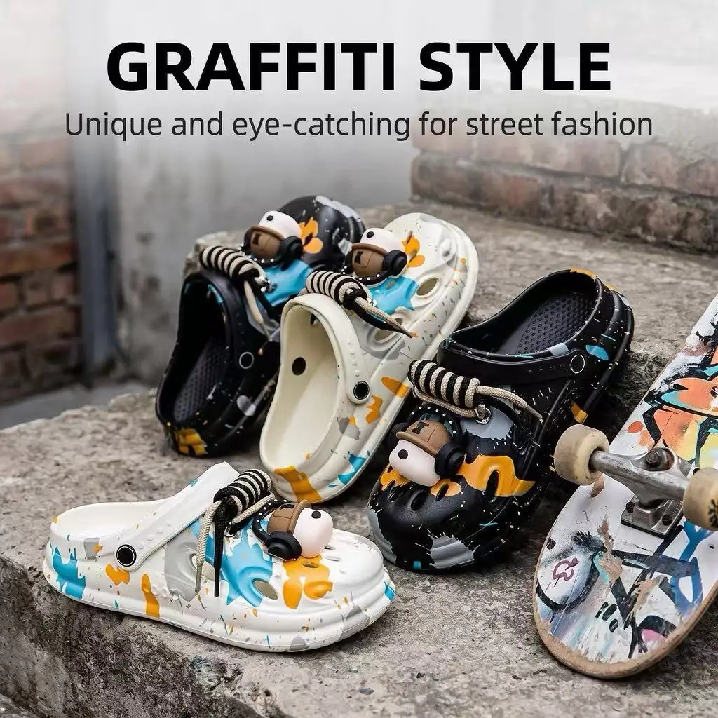 Graffiti Clogs With Cartoon Dog Charms, Soft EVA Breathable Slippers Indoor Outdoor, 3 Colors for Student Fashion Lovers