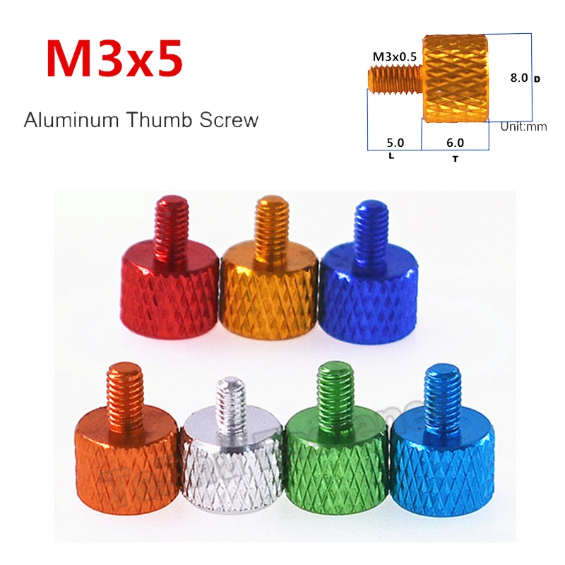 3/5/10Pcs M3X5 Aluminum Hand Tighten Thumb Screws Bolt Knurled Flat Head Hand Screw DIY Computer Case Screw Anodized Length 5mm