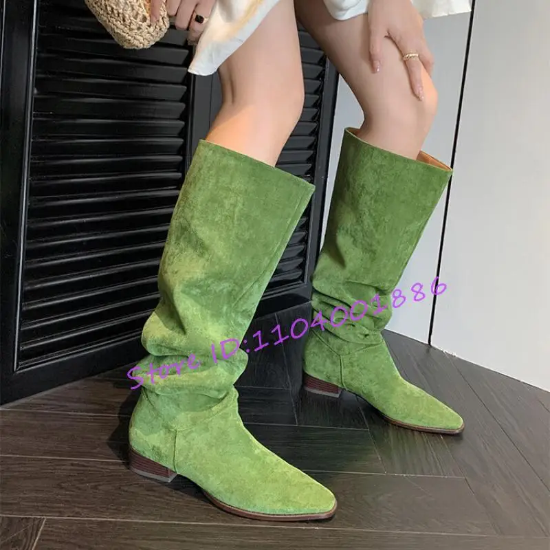 

Suede Green Knee High Boots Trendy Pointed Toe Square Low Heels Fashion Pleated Soft Leather Slip On Autumn Winter Women Boots