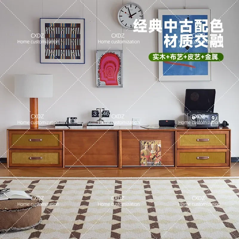 Retro TV Cabinet Solid Wood Floor Standing Media Console with Storage Antique Style Living Room Furniture Integrated Cabinet