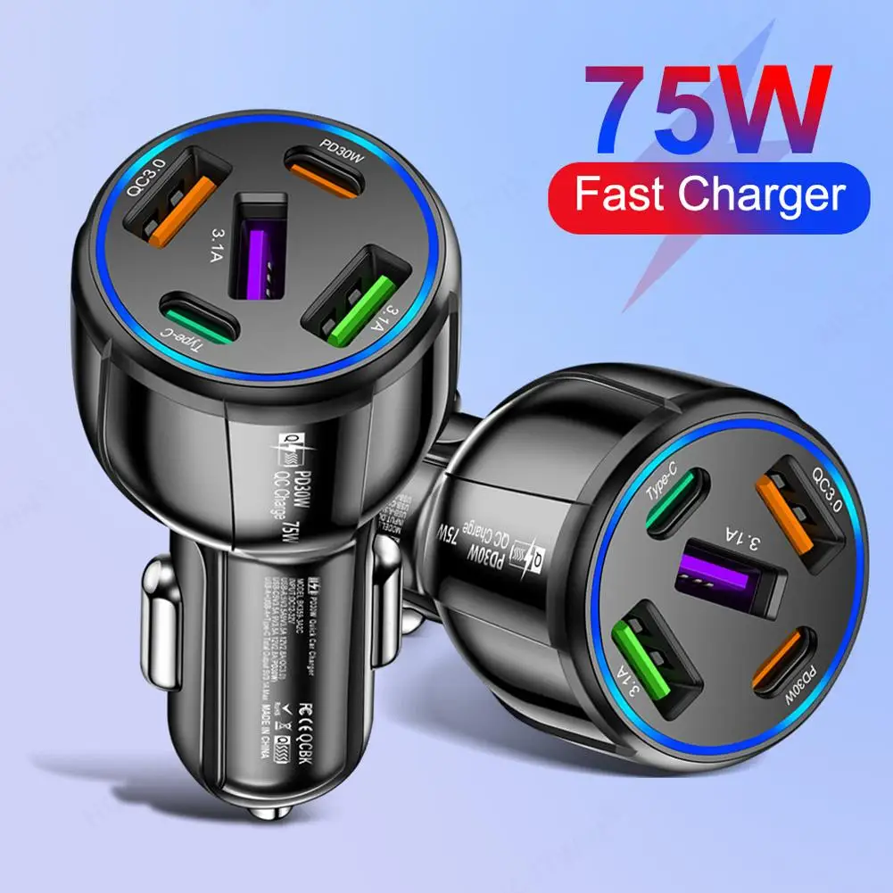 75W USB Car Charger 5 Port QC3.0 PD Type C Fast Charging Cigarette Lighter Universal Adapter For iPhone Y7U7