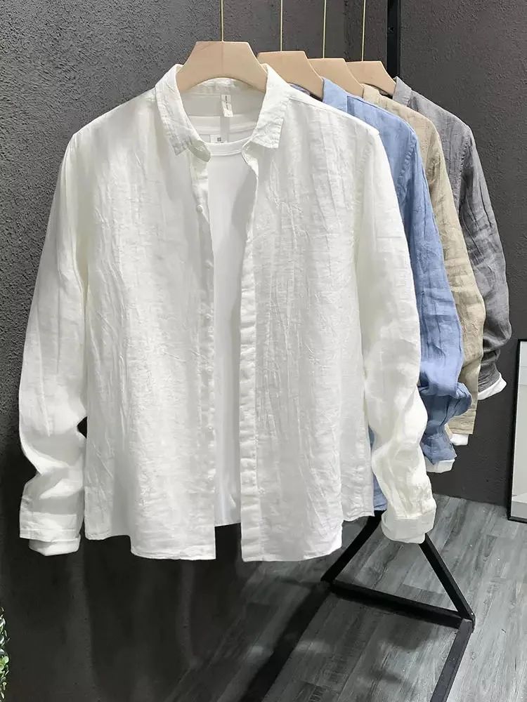 

White Linen Sun Protection Casual Shirt Men's Long Sleeve Loose Comfortable Fit Leisure Fashion City Style Spring Unisex Open...