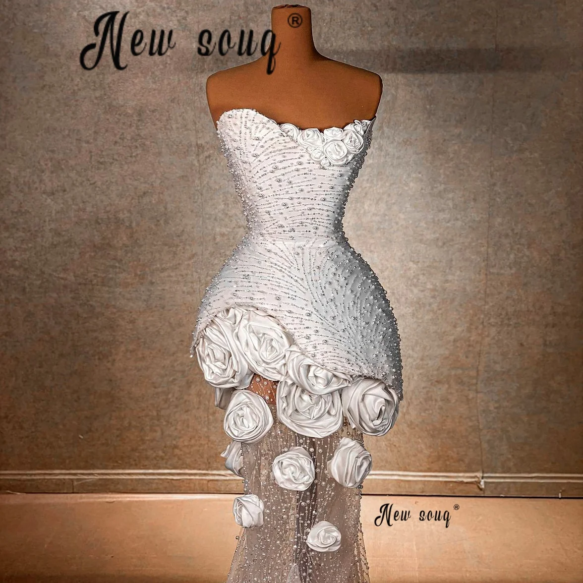 Floral Long Mermaid White Evening Gowns Illusion Gala Party 2026 Prom Party Dresses Strapless Bride Wedding Wear Customized view 2