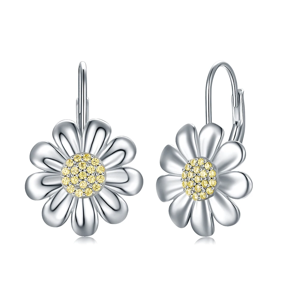 925 Sterling Silver Sunflower Daisy With Zircon Stud Earrings Jewelry Birthday Christmas Gifts For Women Girls Friends Family