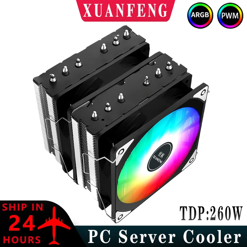 

XUANFENG CPU Cooler Compatible i7 i9 18xx 1700 2011 x79 x99 AM4 AM5 Nickel Plated 6 Copper Tube Twin tower 120mm Argb Fan Server