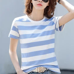TuangBiang 2023 Summer Pearl Cloth Blue Stripes Cotton T-Shirt Women Round Neck Tshirt Female Fashion Breathable Cool Korean Top