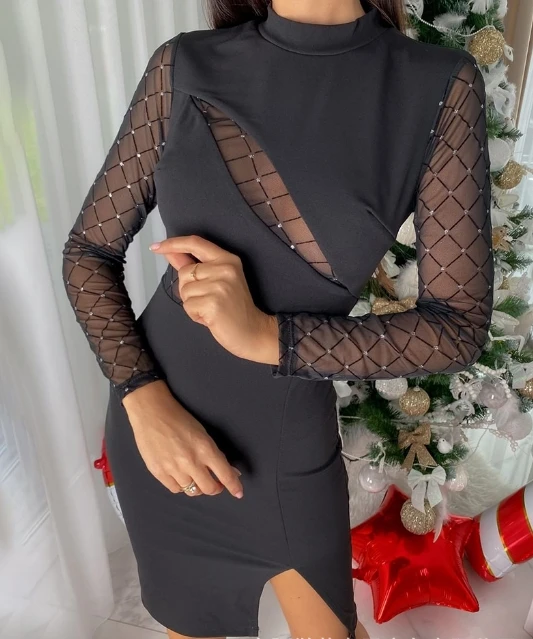 Black Mesh See Through Splicing Long Sleeved Hollow Tight Sexy Dress with Semi High Collar Hip Hugging Hollow Slit Long Skirt