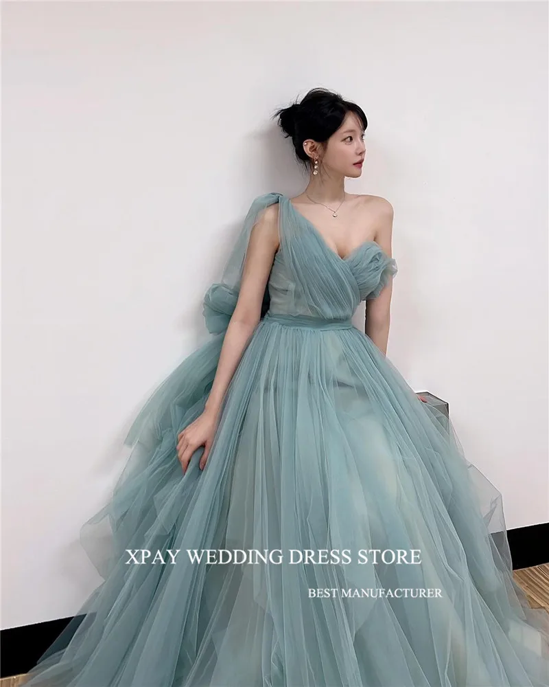 XPAY Fairy Tulle Dusty Green Long Evening Dresses Korea Lady Wedding Photo shoot Prom Gowns Customised Formal Party Dress