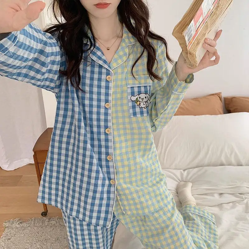 

Miniso Kawaii Anime Pajama Cute Cartoon Cinnamoroll New Grid Thin Home Cloth Comfortable Long Sleeved Pant Set Christmas Present