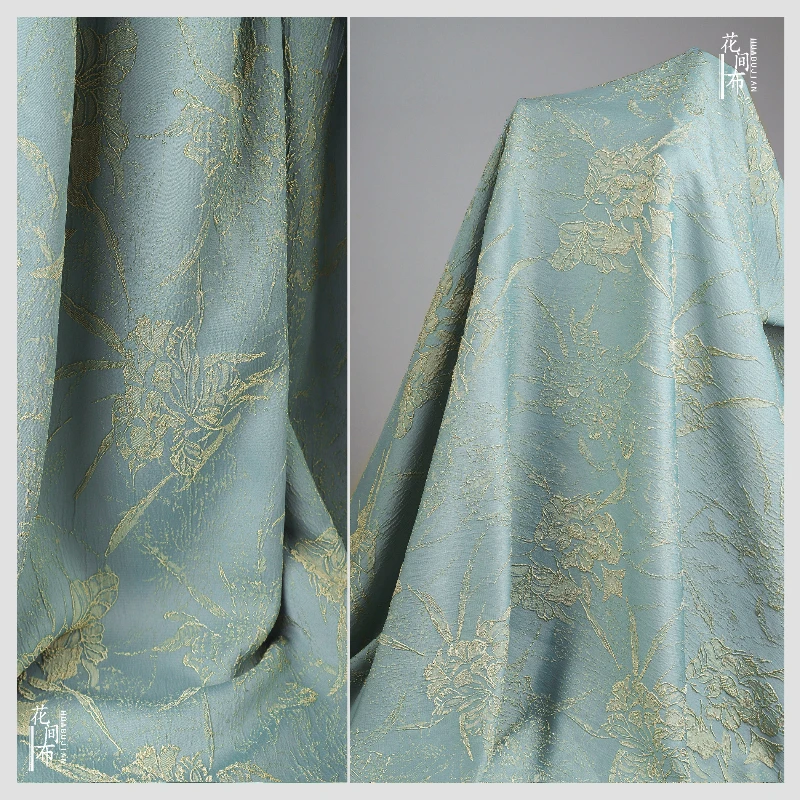 Blue Gold Flower Metal Wire Jacquard Fabric Rayon Chinese Style Outerwear Skirt Home Clothing Designer Cloth for Diy Sewing