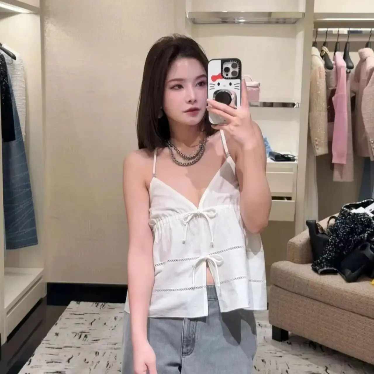 

2025 Spring/Summer New Style Fine Checkered Lettered Underlined Print Cross-Strap Backless V-Neck Top + Shorts Set