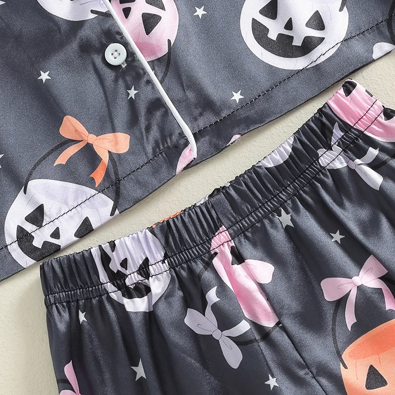 2024-06-13 Lioraitiin 1-7Y Kids Girls Halloween Pajama Sets Long Sleeve Lapel Pumpkin/Bow Print Shirt Pants Sleepwear