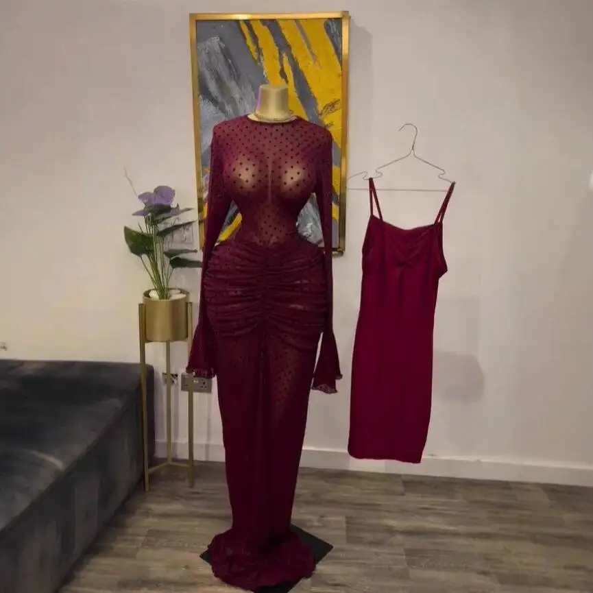 

2026 Women's Flared Long Sleeve Mesh Sheer Flocked Long Dress With Inner Camisole Kaftan 2026 Summer Dress Robe Vestido Women