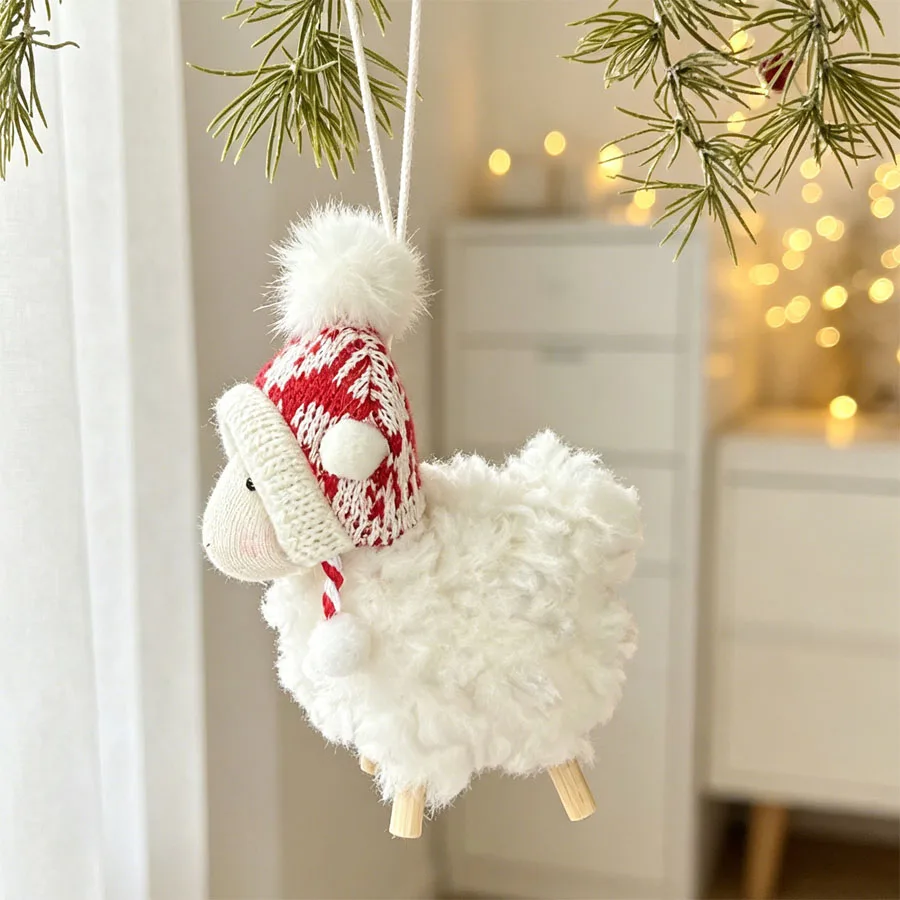 Christmas White Sheep Figurine Ornament, Soft Curly Plush Lamb Hanging Pendant, Xmas Tree Decor Holiday Gift - view 2