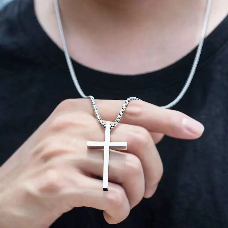 New Smooth Cross Necklace Men\'s Titanium Steel Versatile Long Cross Pendant Sweater Chain Accessories