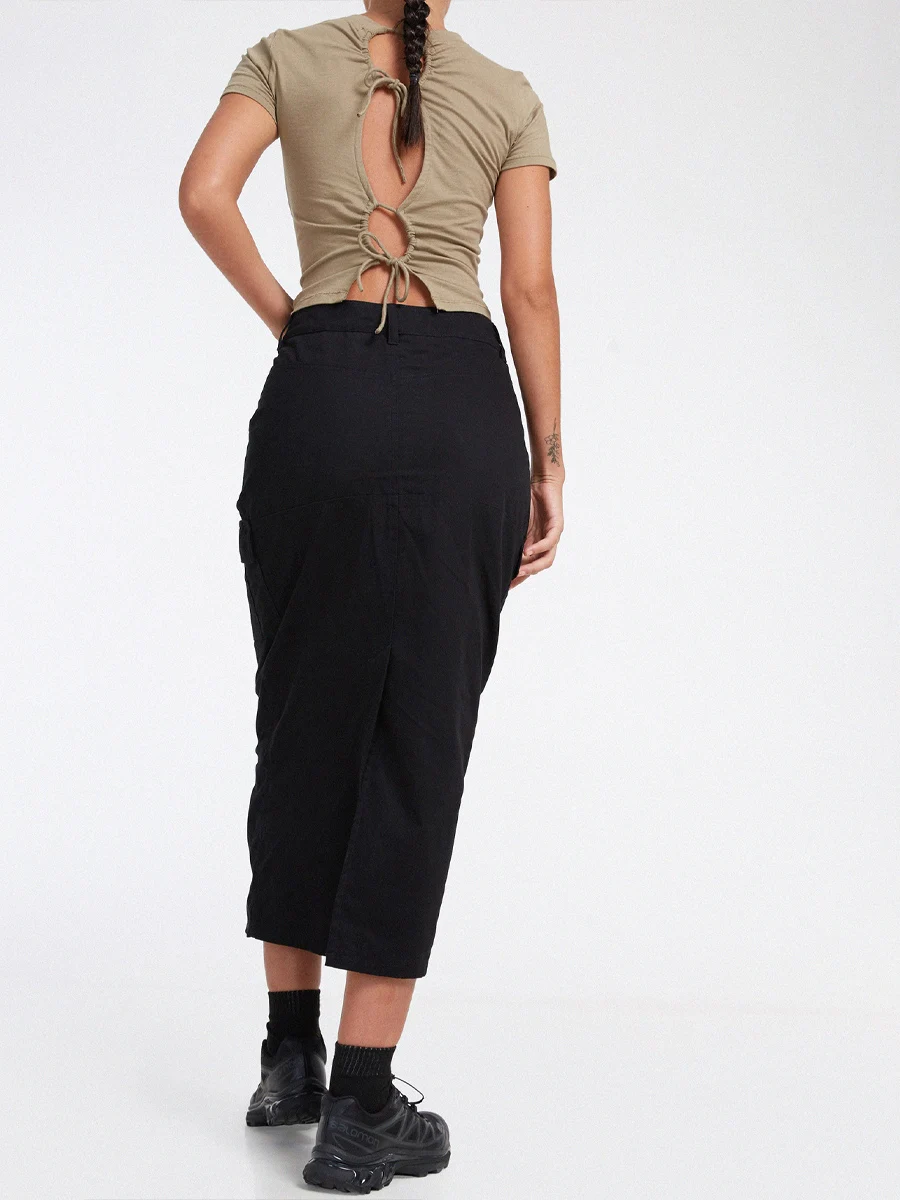 Women Y2K Cargo Skirt Elastic High Waist Drawstring Baggy Long Skirt with Pocket Casual Vintage Hippie Streetwear