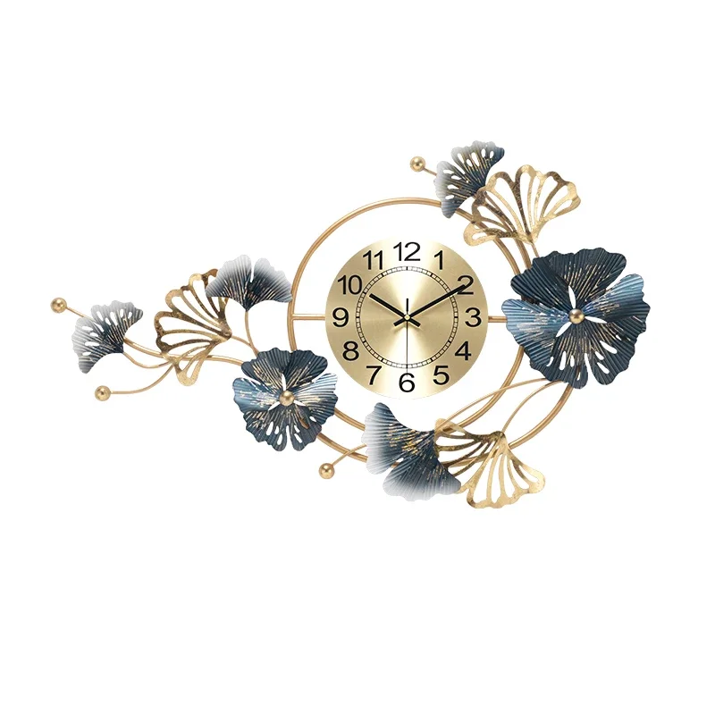 Nordic Luxury Ginkgo Leaf Wrought Iron Wall Clocks Hotel Store Porch Sticker Crafts Home Livingroom Hanging Decoration