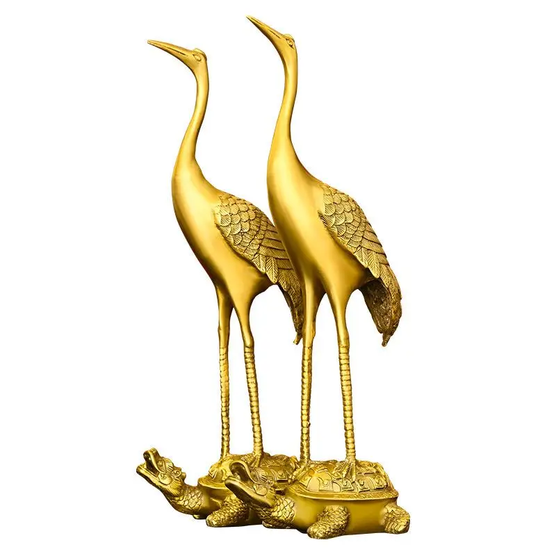 xx-Fengshui Copper Turtle Crane Statue Lucky Decoration Items Birthday Gifts Home Room Office Sculpture Mascot Accessories Art