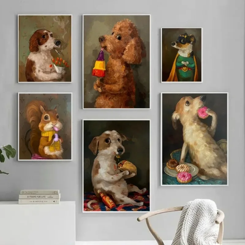 2026 Vintage Funny Puppy Eating Donut Art Poster Print Cute Kitten Eating Snacks Canvas Painting Living Room Wall Home Unframed