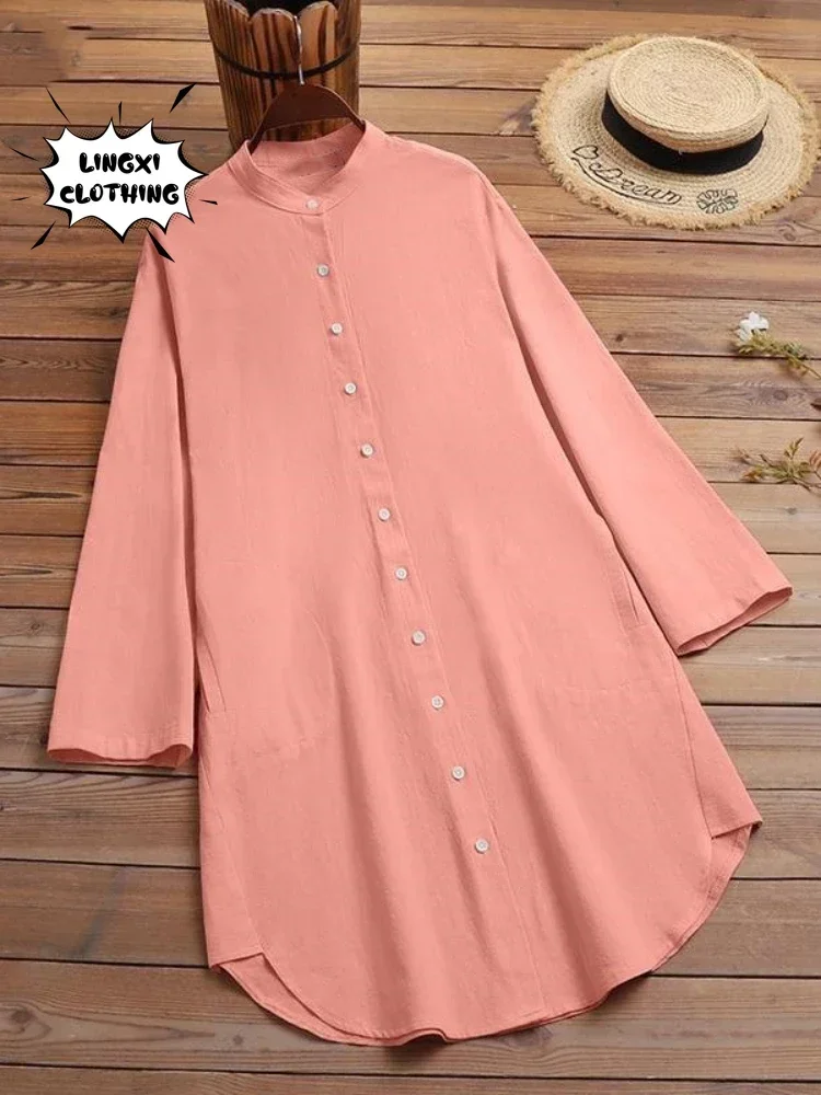 Mode Neue Elegante Solide Baumwolle Leinen frauen Hemd Einreiher Rundhals Casual Pendler Stil Mid Länge Hemd