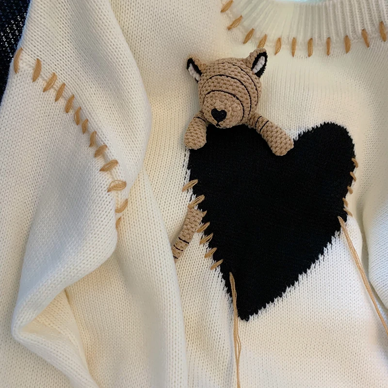 2023 Autumn Winter Bear Heart Pattern Sweater Vintage O-neck Pullovers Harajuku Jumper Tops Loose Sweet Cute Knitting Casual Top