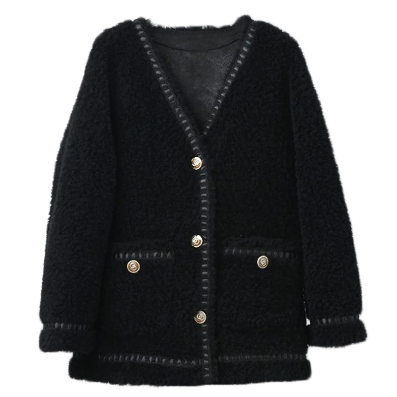 Women Lady Real Wool Fur V-Neck Warm  Chic Jacket Female Girl Sheep Shearling Winter Fashion Coat Parka PT346