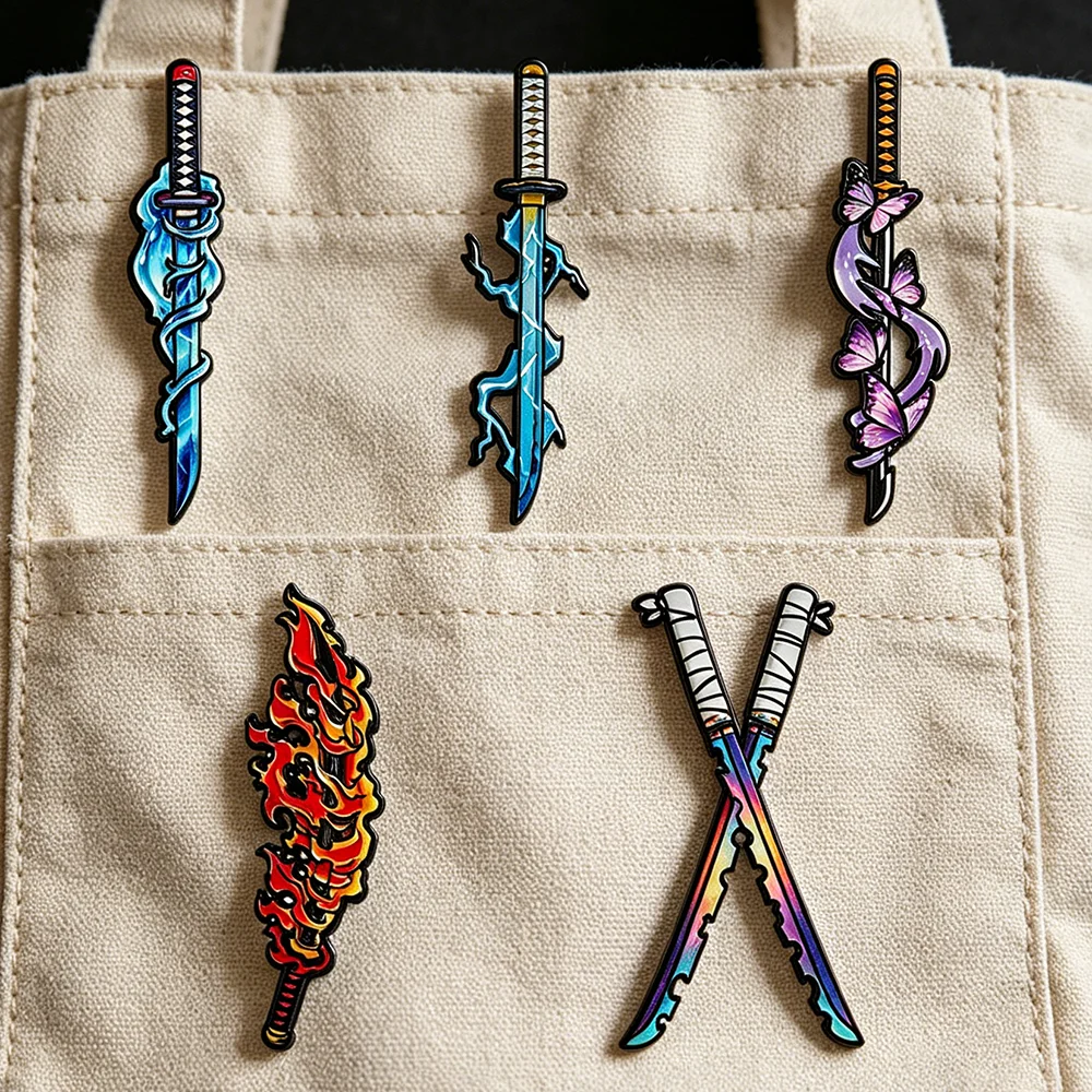 Set de 5 Broches Esmaltados de Espadas Nichirin de Demon Slayer, Insignias Coleccionables de Anime para Fans de Water Flame Thunder Hashira