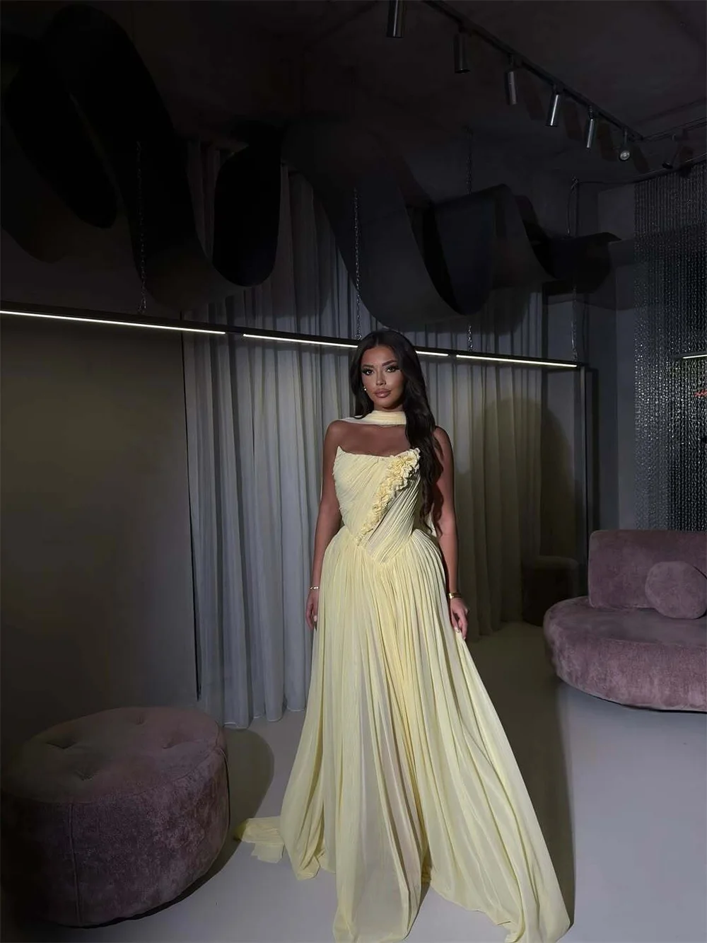 Contessa Abito da ballo con sciarpa in chiffon giallo crema personalizzato Abito a vita alta con corsetto robes de soirée Abito da evento formale senza spalline