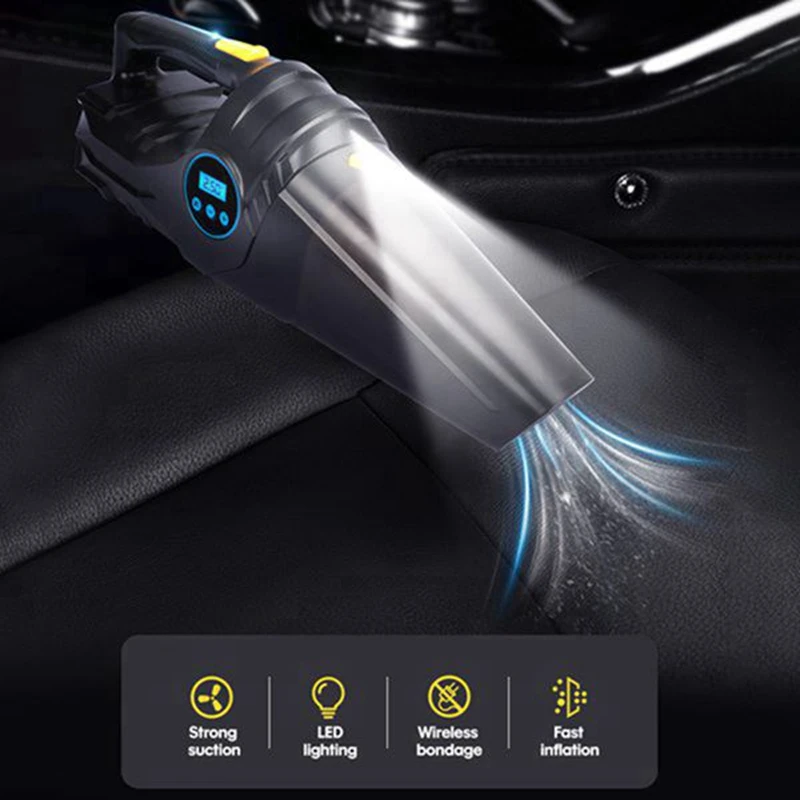 4 in 1 Wired Air Compressor Car Vacuum Cleaner, 120W 6000PA Digital Tire Inflator Pump Handheld Car Vacuum Auto Shut Off