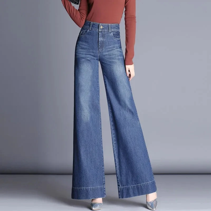 Korean Fashion Wide Leg Jeans Women High Waist Denim Pants Elegant Design Baggy Trousers Mother Spring Autumn Straight Jeans