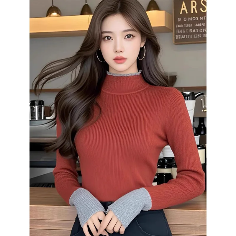 

Women Clothing Slim Elastic Soft Sweaters Autumn Winter Elegant Half High Collar Knitwear Fashion Patchwork Commute Knitted Tops